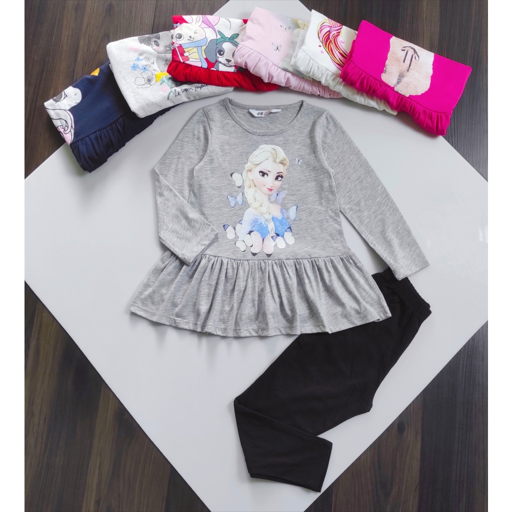 Set áo váy + quần legging thun cotton bé gái 4-14T họa tiết Mèo Thỏ Elsa Pony đáng yêu
