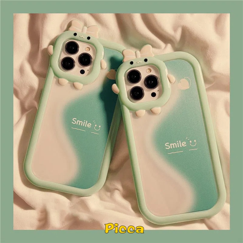 Ins Wave Green Splicing Smile Case Compatible for IPhone 7 8 6 6S Plus XR 11 12 13 Pro Max 14 Plus 14 Pro Max X XS MAX SE 2020 Cartoon 3D Bow Little Monster Lens Soft Back Cover