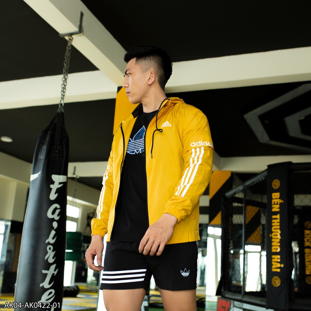 Áo khoác có mũ Adidas vải gió 2 lớp phối viền vai AK04 - áo khoác nam VNXK