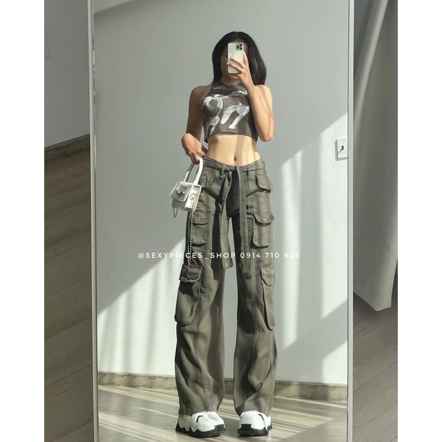 (Hình thật xem mô tả) Set croptop 3 lỗ xám loang màu + Quần cargo kaki túi hộp xanh lính cá tính