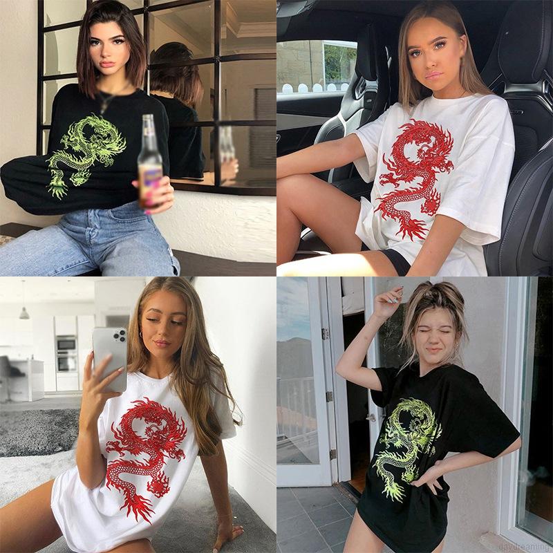 Women's Casual Loose Oversized T Shirt Ladies Dragon Printed Short Sleeve Tee Shirt Black Streetwear T-shirts