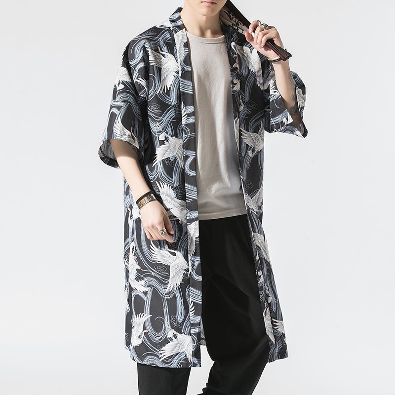 ✧☼❉Áo Khoác kimono kimono In Hình Chim Hạc Phong Cách Trung Hoa Cổ Điển Cho Nam
