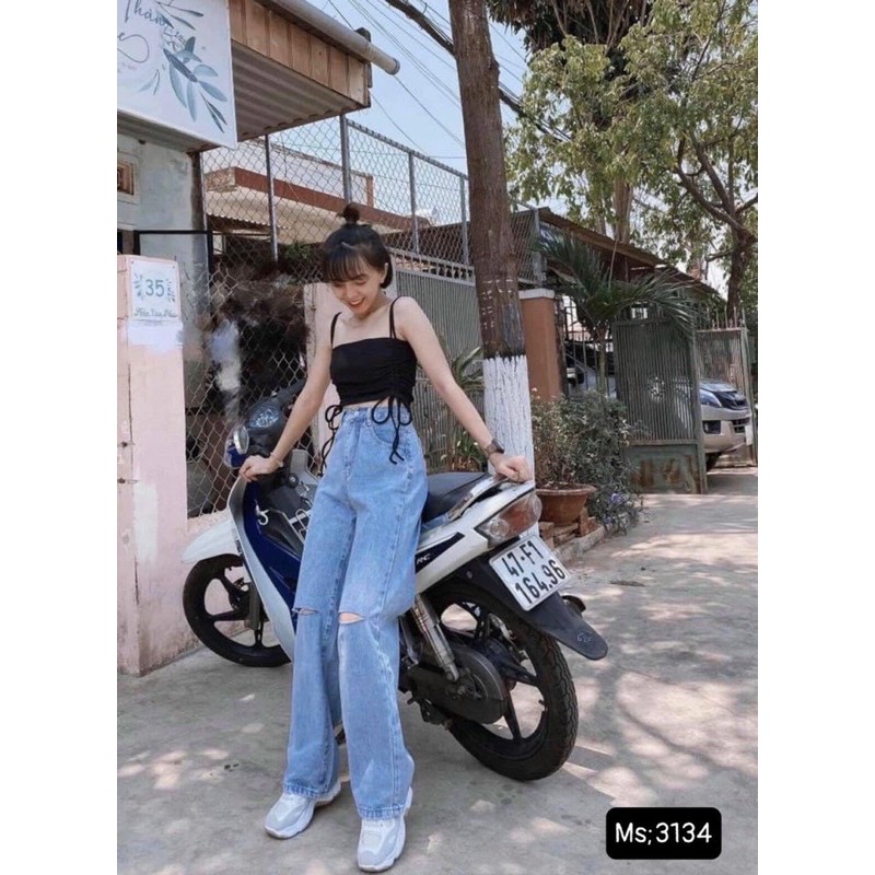 Quần Baggy Jeans Ống Rộng Cạp Lưng Cao Ống Xuông Trơn LẬT LAI - JJ0T