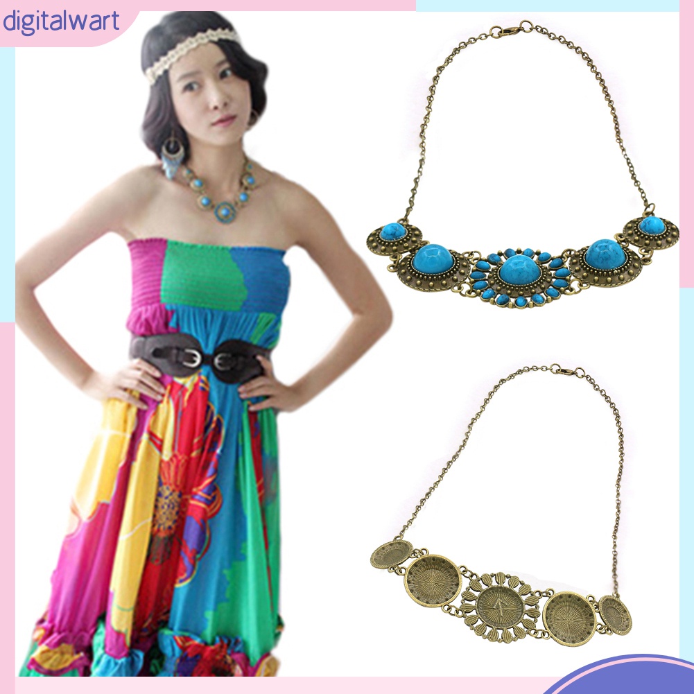 Vòng cổ Mặt Tròn Đính Đá Ngọc Lam Phong Cách Bohemian