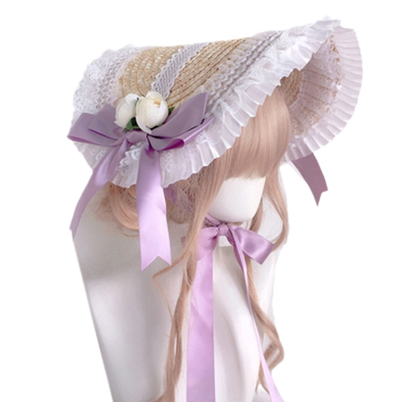 Mũ cói phối dây ruy băng phong cách Lolita cho nữ