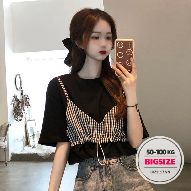 Áo thun Bigsize Áo nữ form rộng Giả Hai tay ngắn cổ tròn mùa hè Phong cách Hàn Quốc Thời Trang tiểu thư cá tính xinh đẹp cho người mập béo