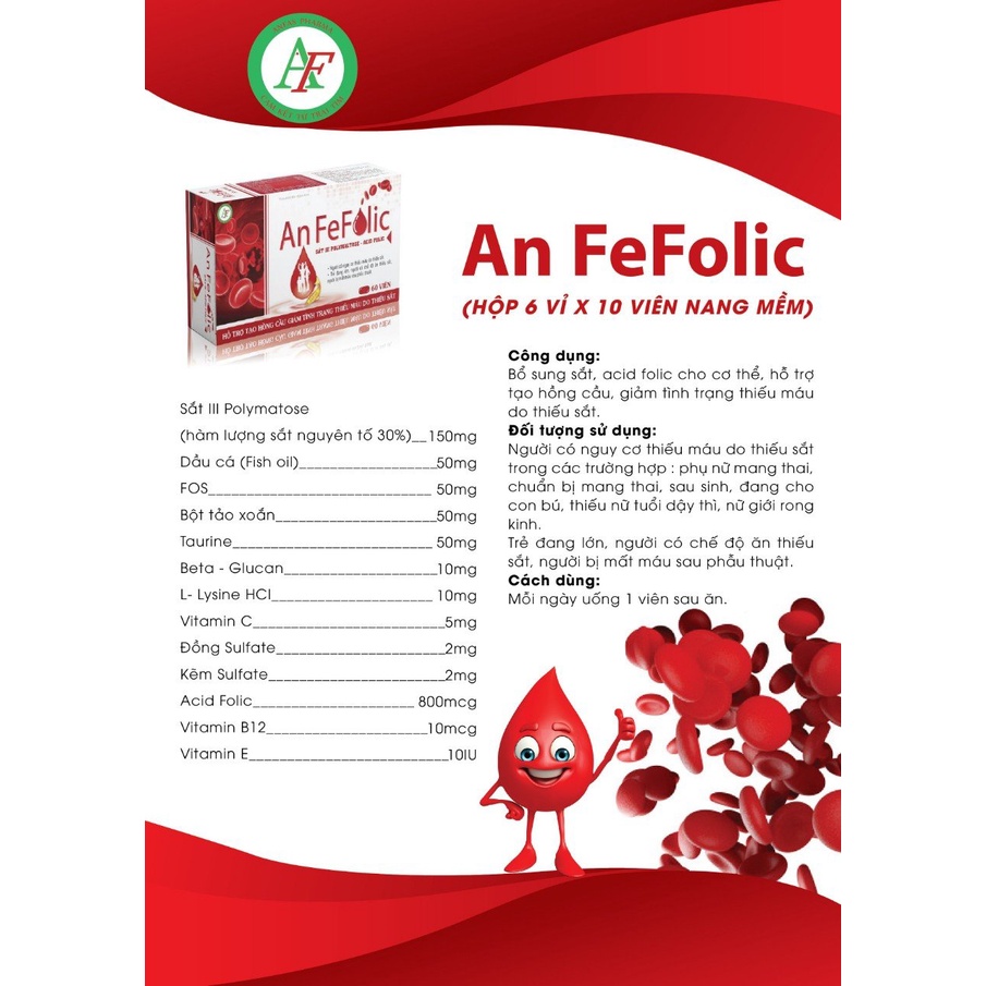 Sắt viên An Fefolic hộp 60 viên giúp bổ sung sắt, acid folic tạo hồng cầu cho máu, giảm thiếu máu do thiếu sắt