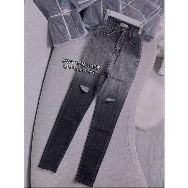 Quần jeans bó loang màu rách 3 cạp cao dáng chuẩn | BigBuy360 - bigbuy360.vn