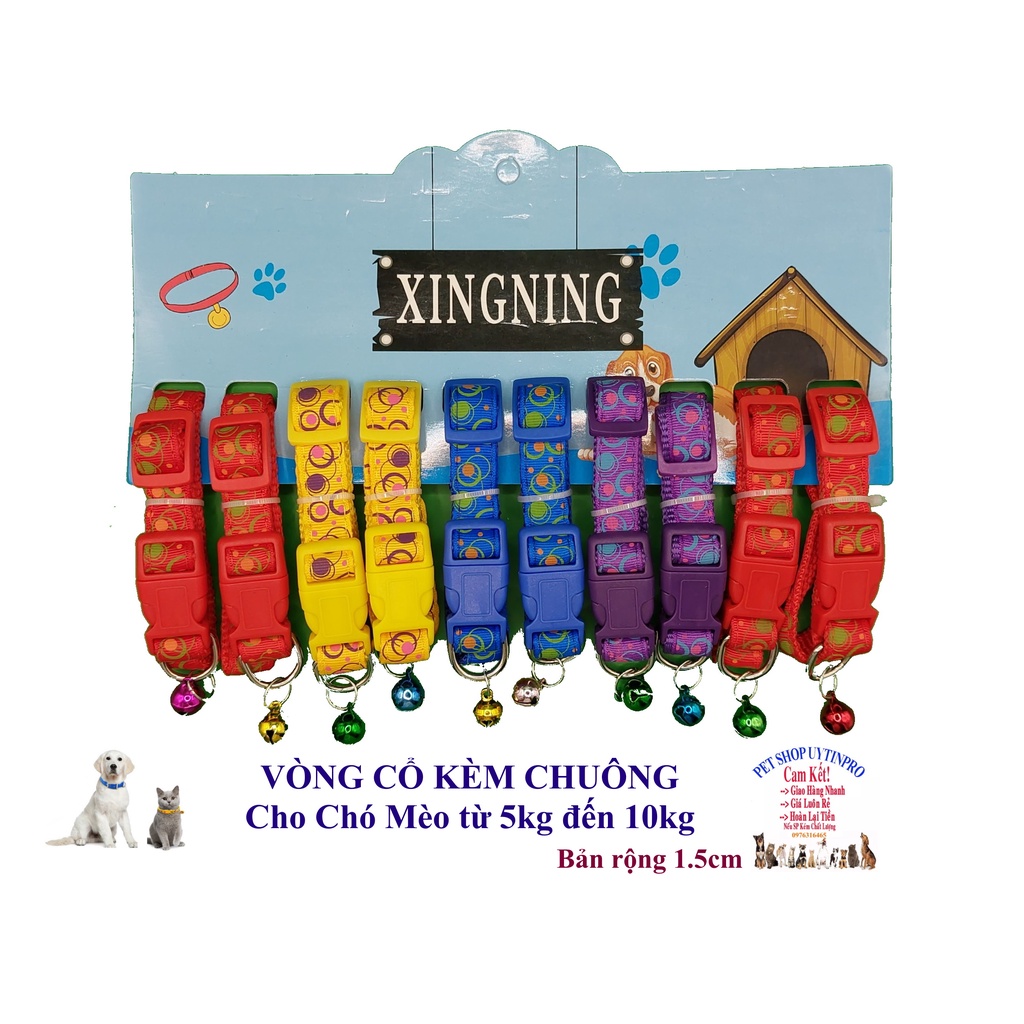 Vòng cổ kèm chuông cho Chó Mèo Từ 5kg đến 10kg Bản rông 1.5cm In HÌNH TRÒN Chất liệu dù chắc chắn Có thể điều chỉnh