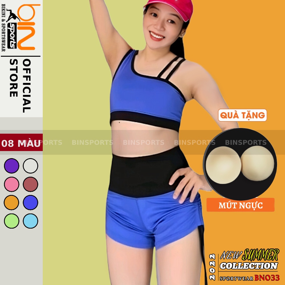 Set bộ đùi thể thao tập gym yoga nữ áo bra kèm mút quần đùi cạp chéo dây rút cao cấp Bin Sport BN033
