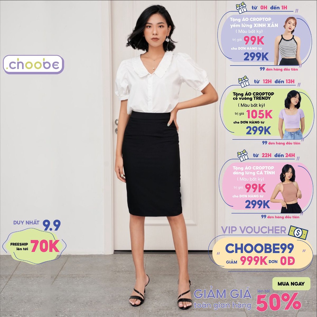 Chân váy Choobe bút chì lưng cạp cao có lớp lót đồ công sở ôm body xẻ sau dáng dài màu đen CV05Đ