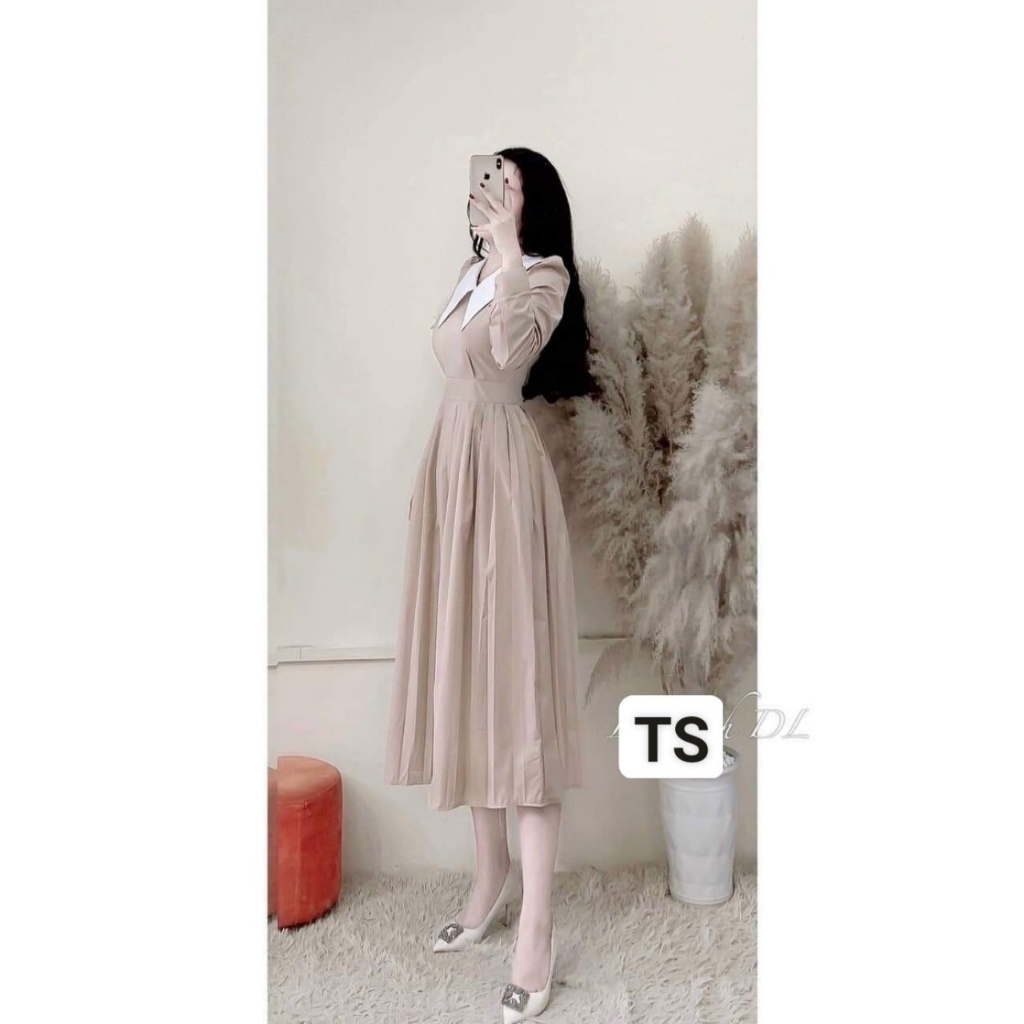  Váy nữ thiết kế dập ly tay dài, Đầm xòe trẻ trung thanh lịch HN clothing V25 | BigBuy360 - bigbuy360.vn