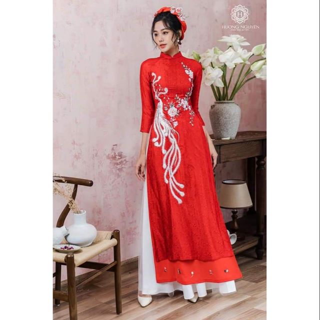 Áo dài đỏ gấm tơ 4tà