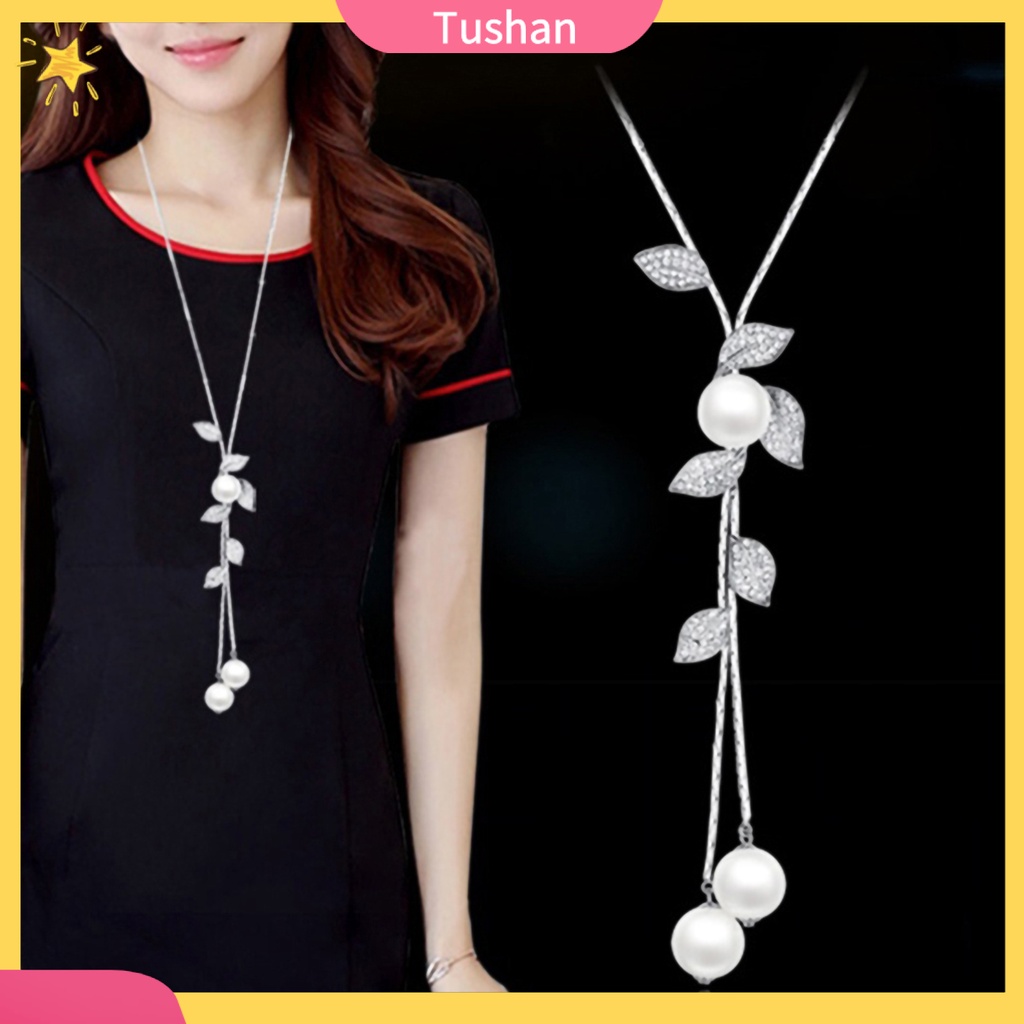 Dây chuyền mặt họa tiết lá phối ngọc trai tua rua dáng dài cho nữ