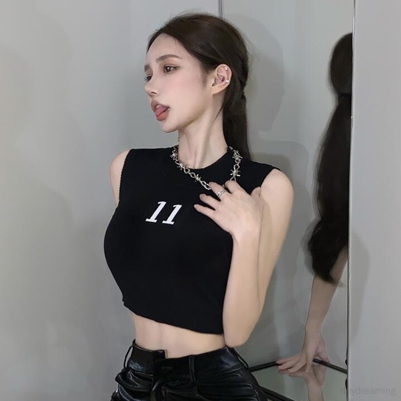 Áo Croptop Dệt Kim Sát Nách Màu Trơn In Chữ Thời Trang Cho Nữ