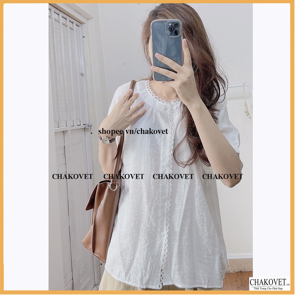 Áo sơ mi nữ viền ren cổ tròn cka822, kiểu áo nữ cộc tay hai màu be và trắng cực cute