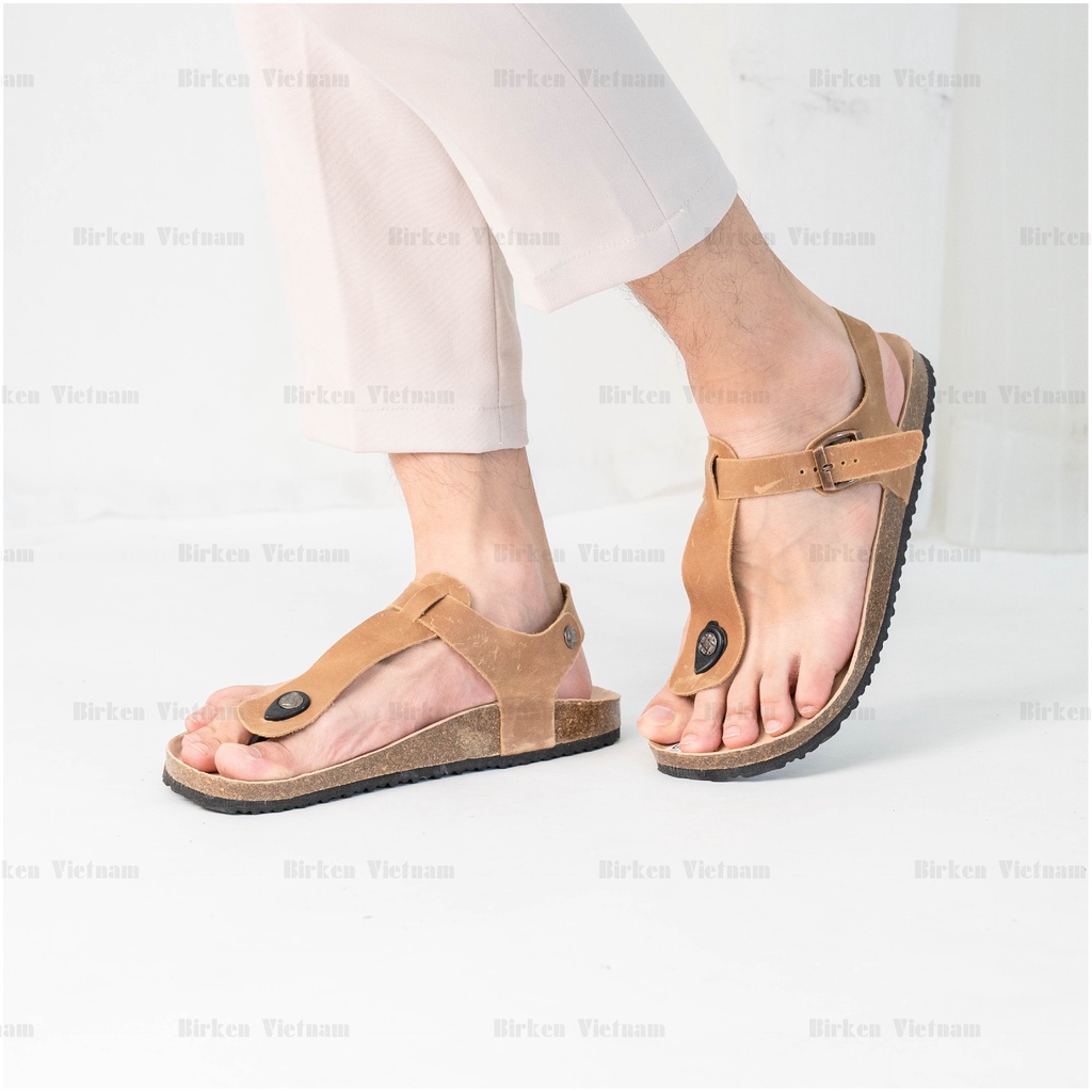 Mã D10 Sandal DA BÒ Đế Trấu Quai Tách Ngón Unisex Birken Vietnam Bioline