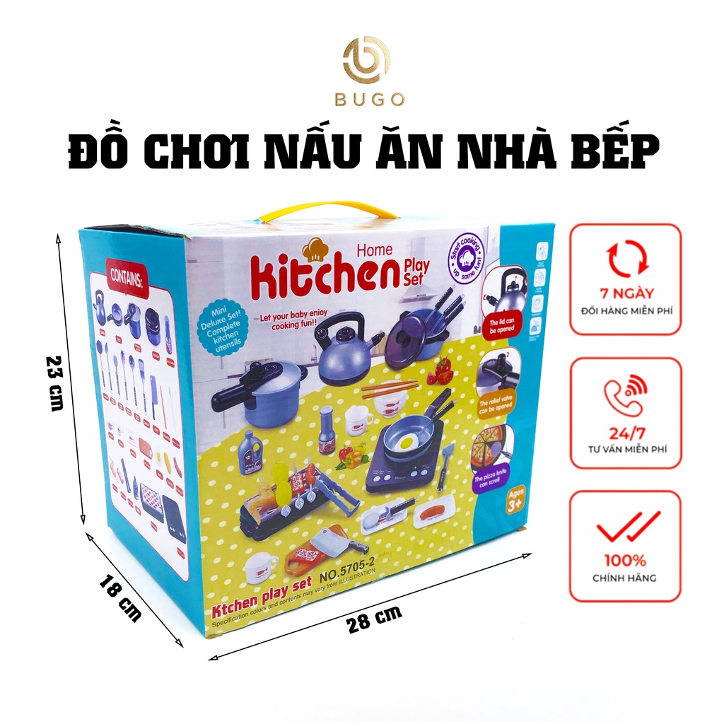 Đồ chơi nấu ăn nhà bếp cho bé với 36 chi tiết dụng cụ giúp trẻ tập làm đầu bếp, có đèn và âm thanh BUGO Shop