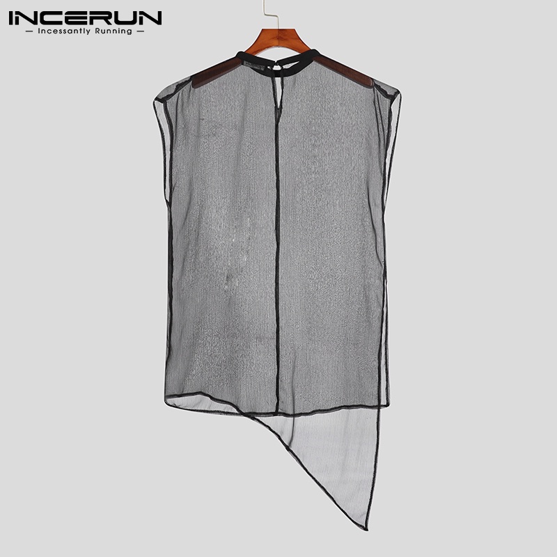 Áo không tay INCERUN màu đen dáng rộng kiểu dáng không đều thoáng khí hợp thời trang cho nam