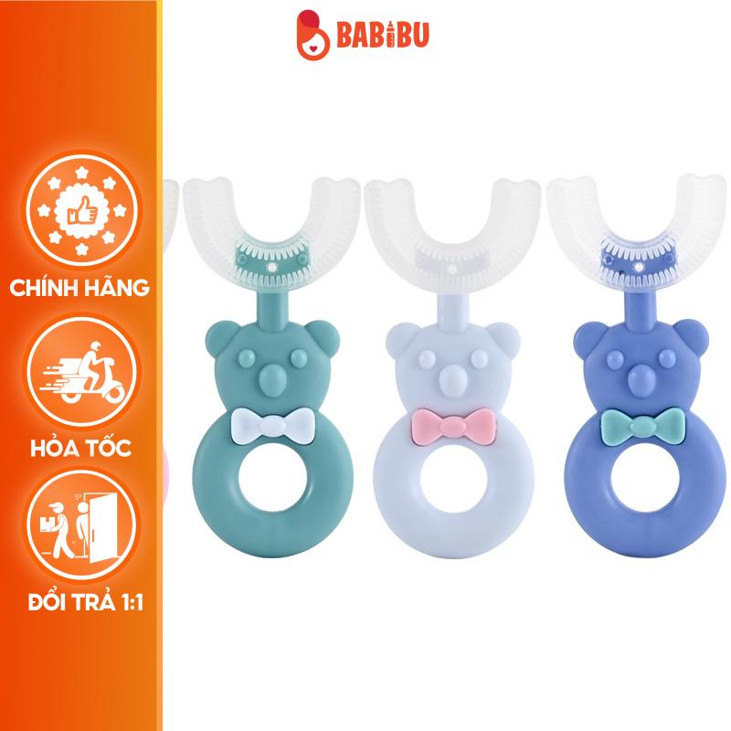 [2-6 TUỔI] Bàn chải đánh răng hình Gấu chữ U  bằng silicone thiết kế gấu hoạt hình đáng yêu dành cho trẻ em Babibu