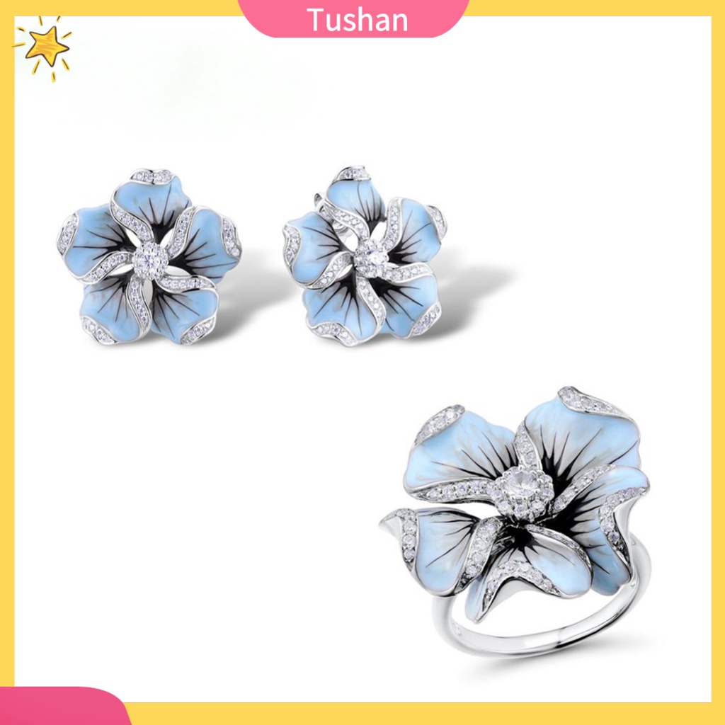TUSH Women Cubic Zirconia Inlaid Enamel Flower Ear Stud Earrings Wedding Jewelry Gift
