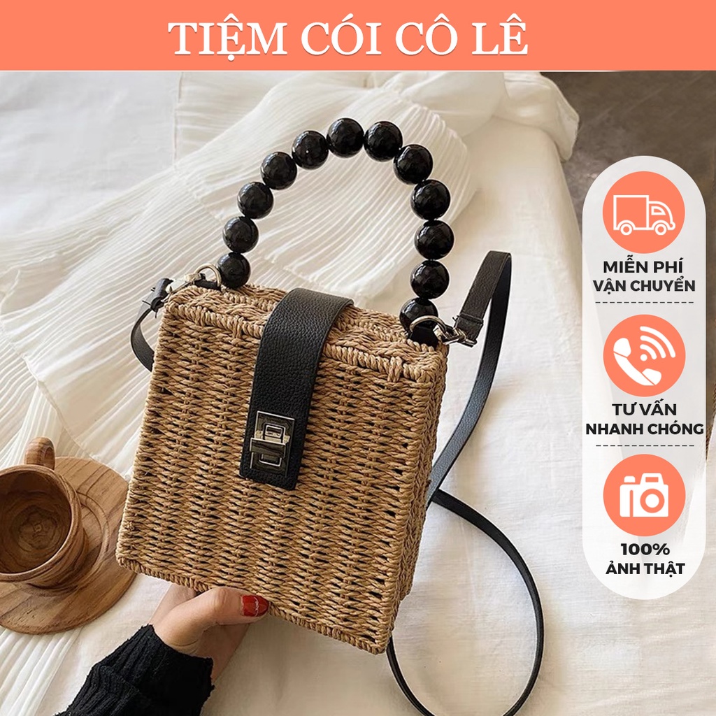 Túi hộp hình vuông, túi vali quai hạt trai đen có nắp cài kiểu dáng vintage - Tiệm Cói Cô Lê