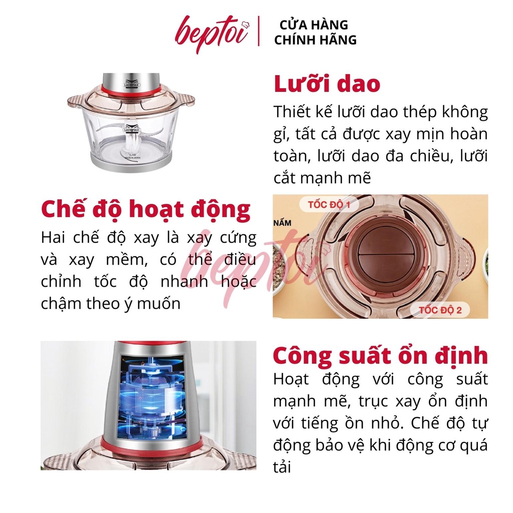 Máy xay thịt đa năng Ladomax, máy xay thịt cối thủy tinh, dao inox, công suất 400W HA-333