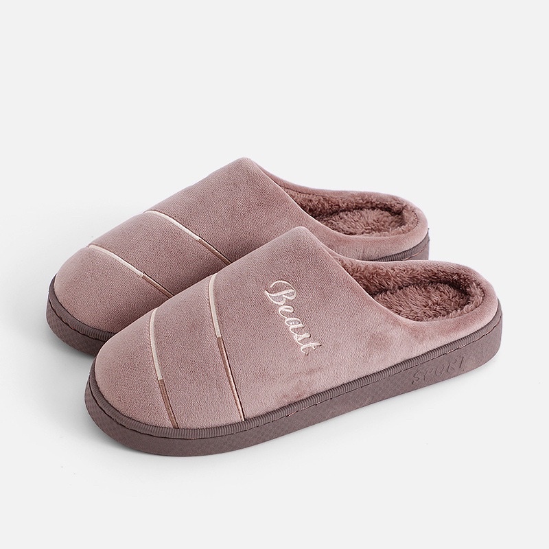 Dép bông đi trong nhà đế cao cu chống nước thêu đường kẻ Dép đi trong nhà mùa đông lót lông- Mã Thêu