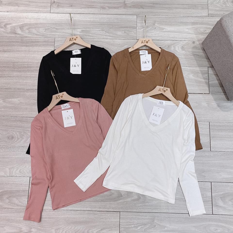 Áo Thun Tăm Giấy V-NECK Nữ [FREESHIP] 🌸 Phông cổ tim dài tay body dáng ôm màu Đen | Trắng | Hồng | Nâu Ulzzang HOT 🌸 | BigBuy360 - bigbuy360.vn