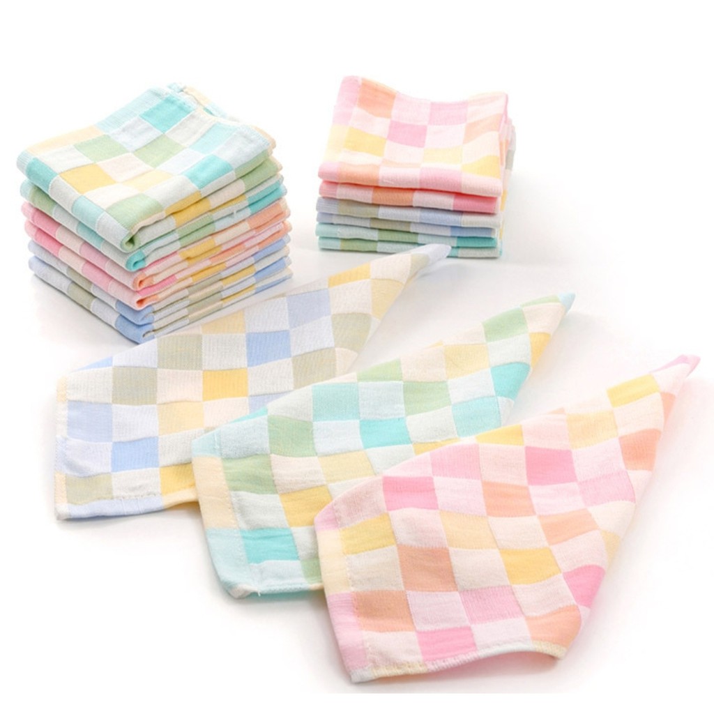 Khăn Cotton Vuông Mềm Mại Họa Tiết Sọc Caro Xinh Xắn Cho Bé 25x25cm
