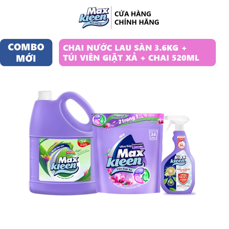 Combo MaxKleen: Chai Lau Sàn 3.6kg Ban Mai Thanh Mát + Túi Viên Giặt Xả Mới + Nước Lau Bề Mặt Đa Năng