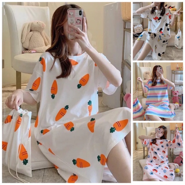 Váy ngủ hoạt hình siêu Cute hàng Quảng Châu chất liệu cotton thấm hút mồ hôi tốt