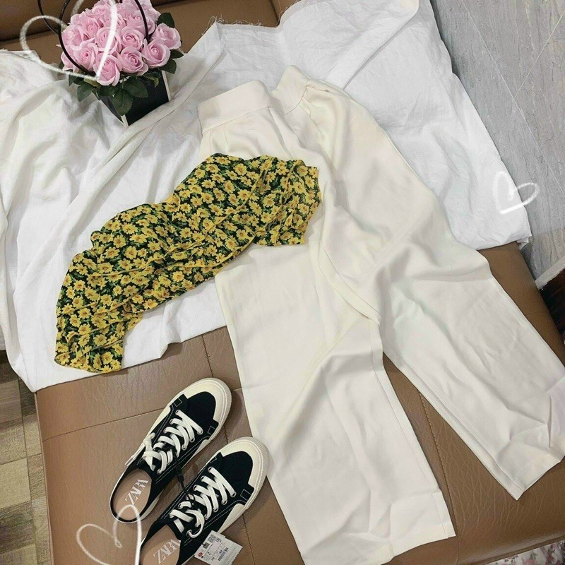 set quần suông trắng áo crotop hoa