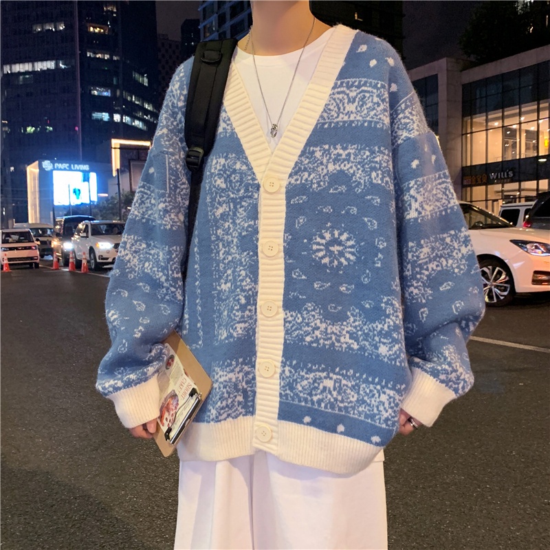Áo Khoác Cardigan Tay Dài Cổ Chữ V Dáng Rộng In Họa Tiết Thời Trang Mùa Thu Phong Cách Hàn Quốc Cho Nam 2021