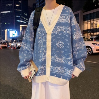 Áo khoác cardigan cho nam thiết kế tay dài cổ chữ v dáng rộng in họa tiết thời trang mùa thu 2021 phong cách Hàn Quốc
