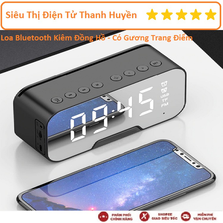 Loa Bluetooth Kiêm đồng hồ có gương trang điểm, nhạc FM, đo nhiệt độ phòng, có khe cắm thẻ nhớ và cổng 3.5