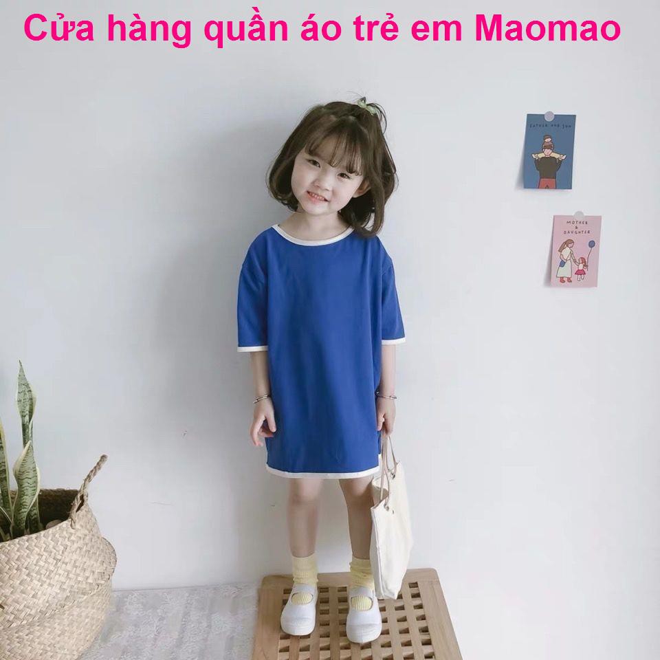 Phiên bản rời cotton tinh khiết Váy bé gái, áo thun ngắn tay, váy, phối màu dễ thương, đồ hè ngủ mới