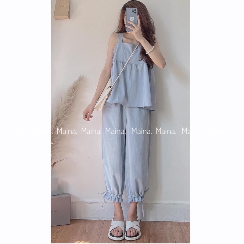 Set áo hai dây quần dài có dây rút đi biển siêu xinh