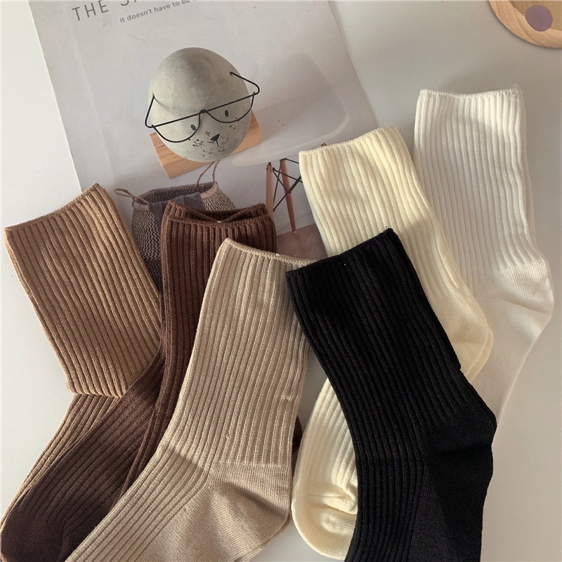 Vớ tất cổ cao gân màu trơn bằng cotton co giãn phong cách Ulzzang Hàn Quốc cho nam nữ JP5