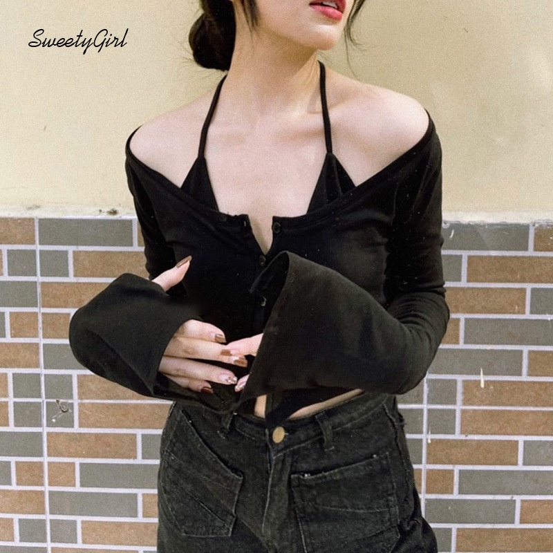 Áo Croptop Tay Dài Cổ Chữ V Màu Trơn Thời Trang 2022 Quyến Rũ Cho Nữ