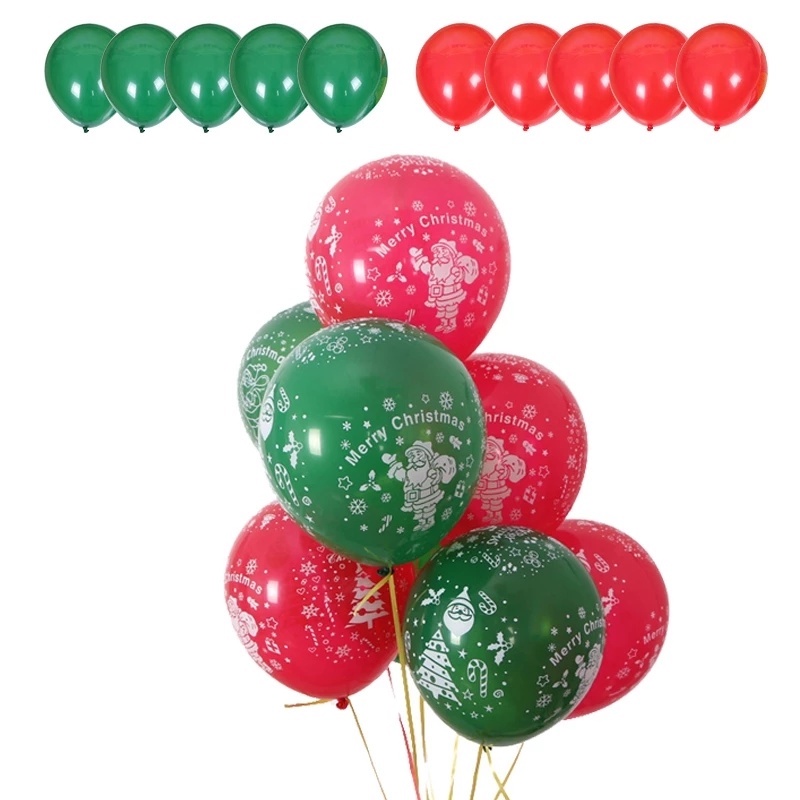 Set 10 bong bóng cao su màu sắc đỏ và xanh lá trang trí giáng sinh