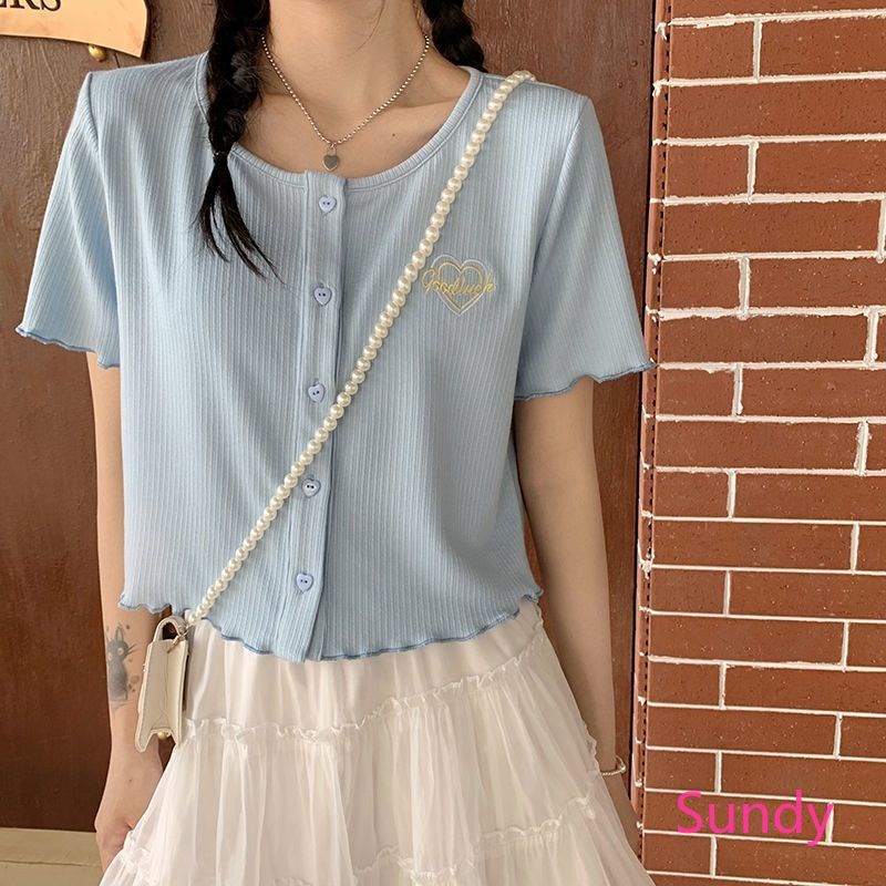 Áo Kiểu Cổ Tròn Dáng Rộng Thêu Họa Tiết Thời Trang Mùa Hè Hàn Quốc Cho Nữ