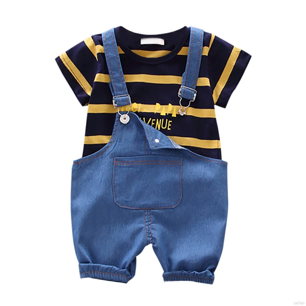 Bộ Áo Phông Ngắn Tay Sọc Ngang + Quần Yếm Denim Cho Bé 0-4 Tuổi
