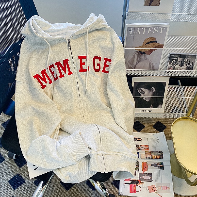 ZHELIHANGFEI Áo Hoodie Tay Dài Form Rộng Họa Tiết Thêu Theo Phong Cách Preppy Mỹ