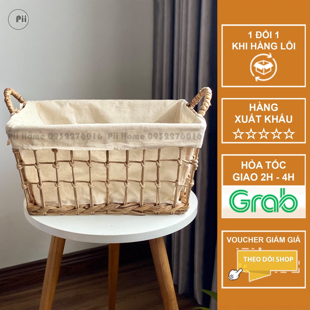 Giỏ Cói Oval Đan Thưa Đựng Đồ Pii Home , Có Tay Cầm, Kèm Lót Vải Tiện Dụng