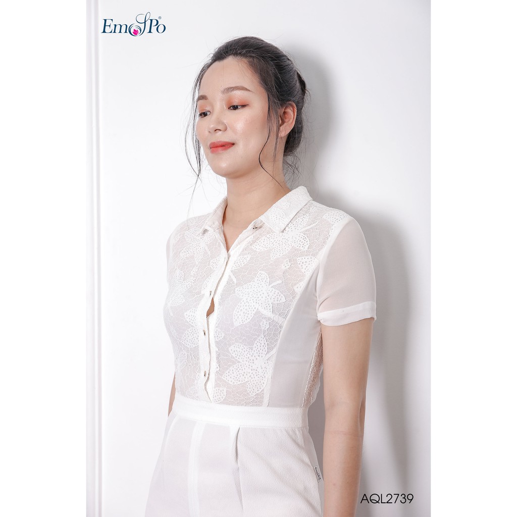 Jumpsuit cổ đức, tay cộc, thân trên phối ren Emspo AQL2739