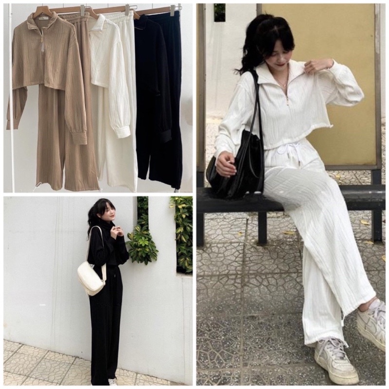 Set Bộ Đồ Nữ Shet Polo Trơn Áo Croptop Khoá kéo Tay Bồng Mix Quần Culottes Ống Suông Rộng Cạp Chun Freesize