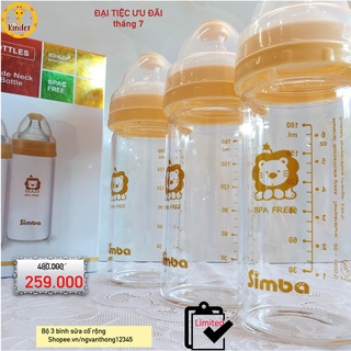 Bộ 3 bình sữa Simba 180ml thủy tinh cổ rộng siêu nhẹ.