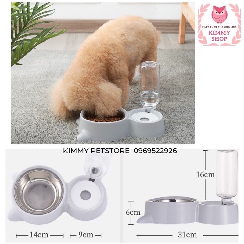Bát Ăn Đôi Inox Kèm Bình Nước 500ML Cao Cấp, bát ăn chó mèo
