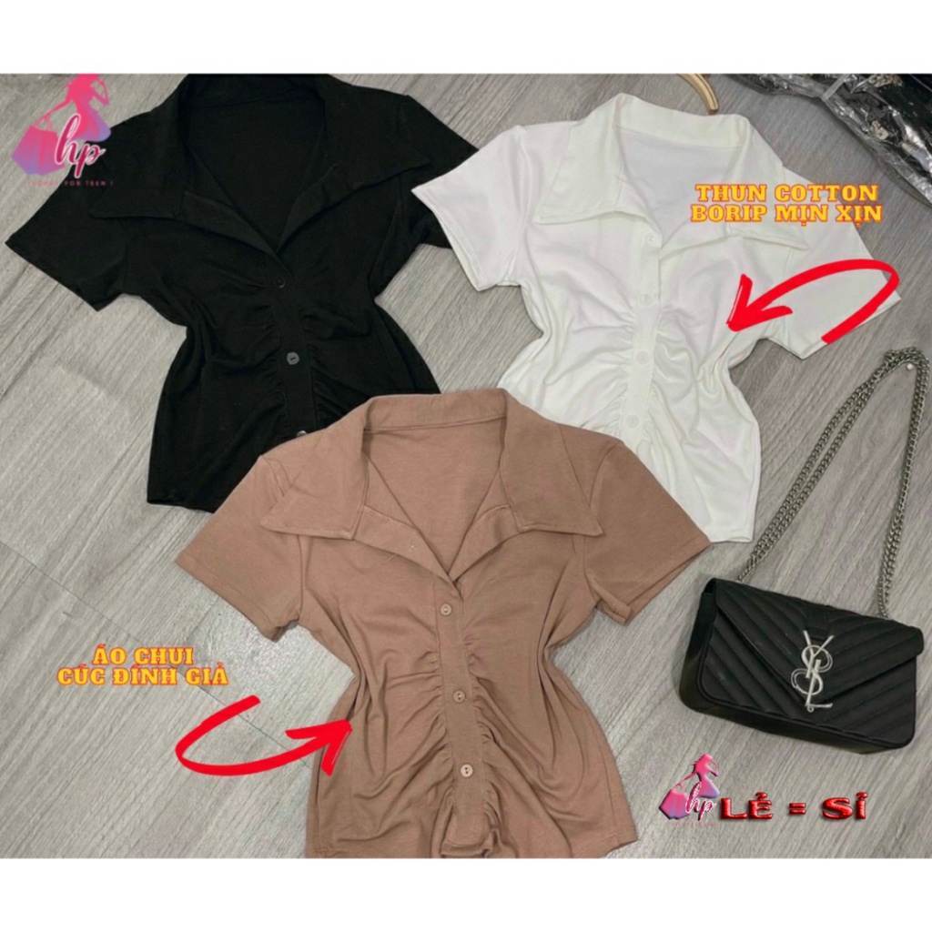 Áo thun nữ polo ôm body tay ngắn cổ bẻ đính nút nhún ngực cực xinh phong cách hàn quốc mẫu mới thời trang nữ